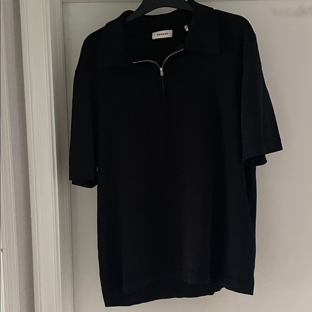 Sandro Black Knitted Polo Shirt with Zip Collar